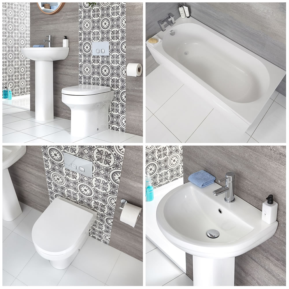 Säulenwaschbecken, WC mit Unterputz-Spülkasten und gerade Badewanne - Covelly