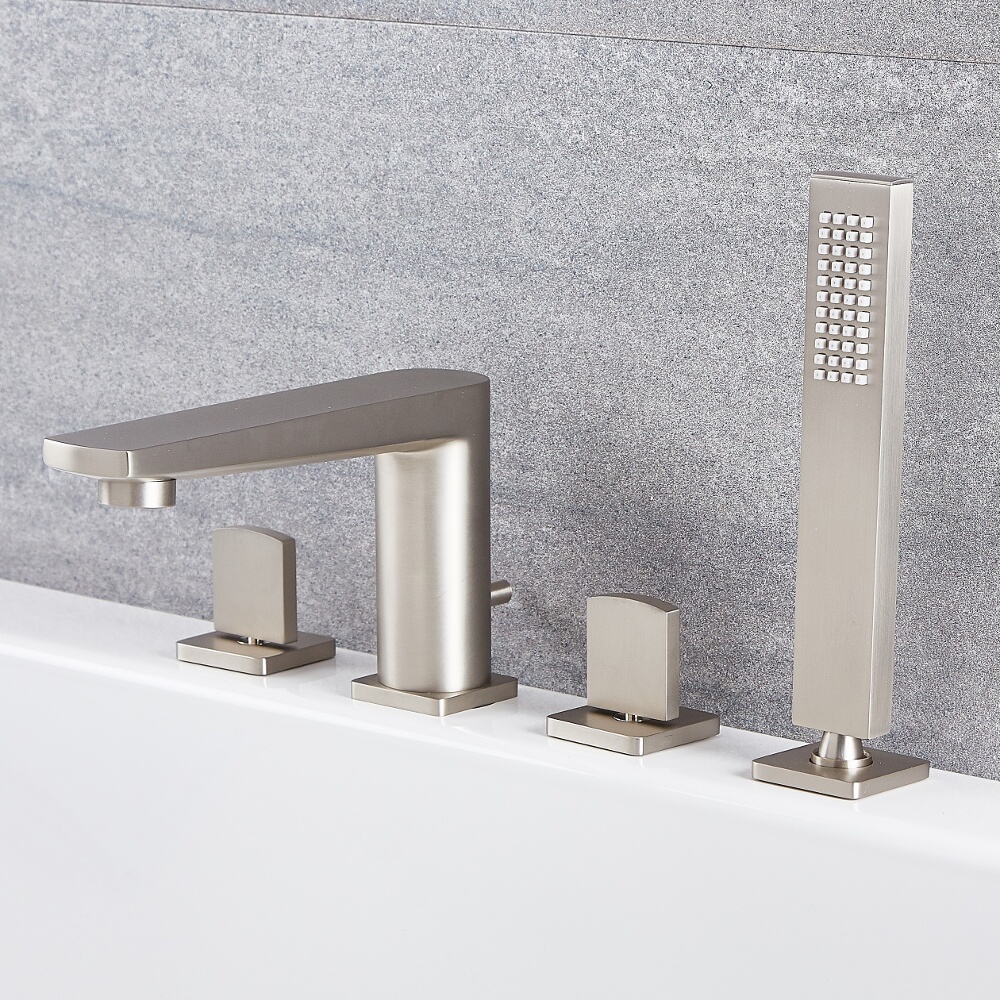 Traditionelle 4-Loch Wannenrandarmatur mit Brause in gebürstetem Nickel - Harting