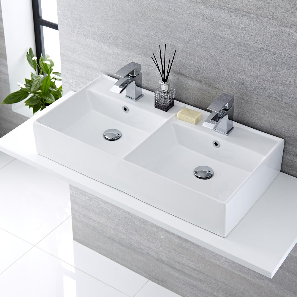 Doppel-Aufsatzwaschbecken Halwell Rechteckig 820mm x 420mm mit 2x Standarmaturen Wick im Set