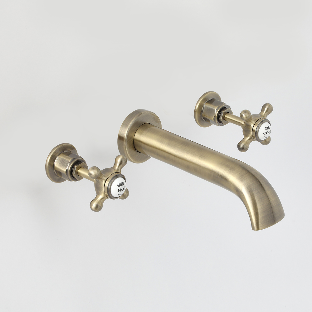 Elizabeth - Traditionelle 3-Loch Wannen-Wandarmatur mit Kreuzgriffen - Antikes Messing