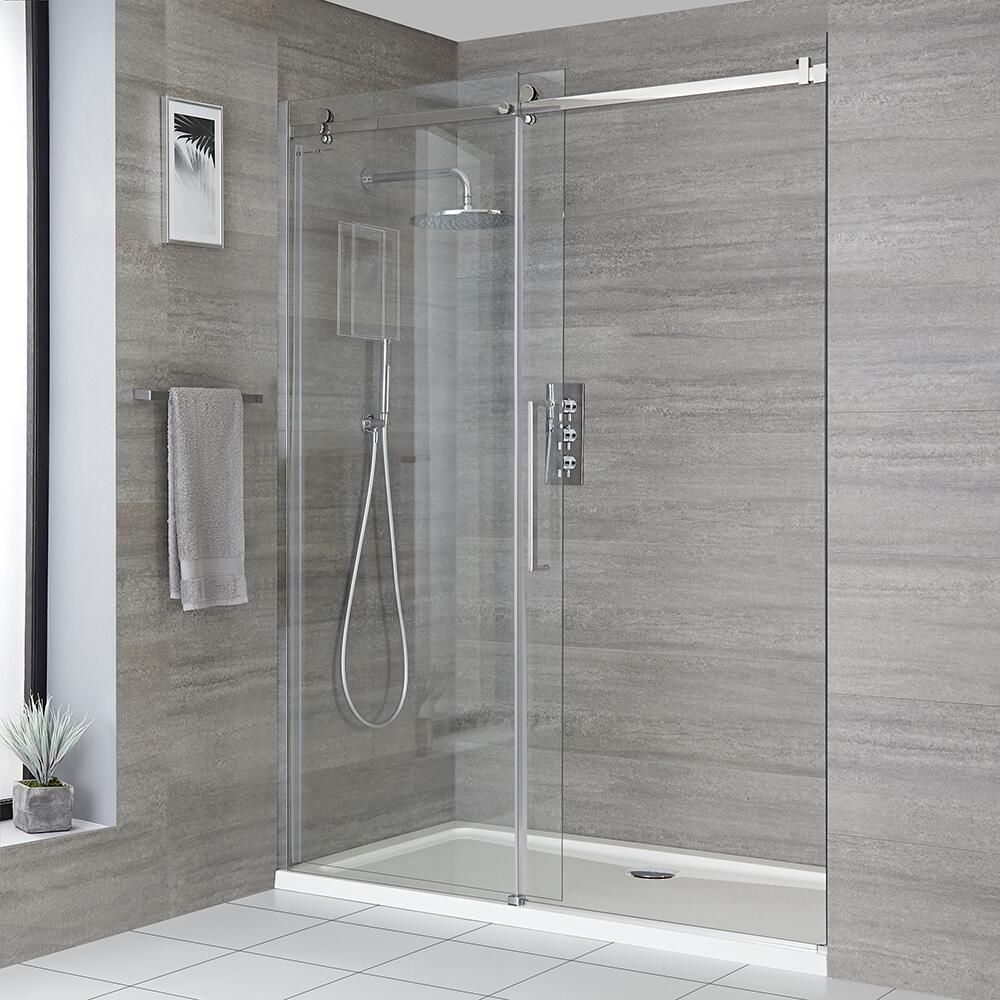 Rahmenlose Duschschiebetür mit Duschwanne für Nische, Größe wählbar