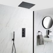 Unterputz-Duschsystem mit Thermostat - mit 400mm x 400mm Unterputz-Duschkopf und Handbrauseset - Schwarz – Nox