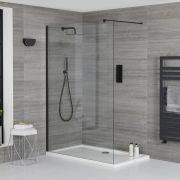 Walk-In Duschwand, Schwarz - inkl. weißer Duschwanne mit niedrigem Profil – wählbare Größe – Nox