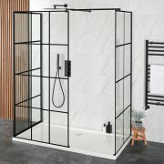 Walk-In Dusche mit 3 Seiten, Schwarz, inkl. Duschtasse in Weiß, Größe wählbar - Barq