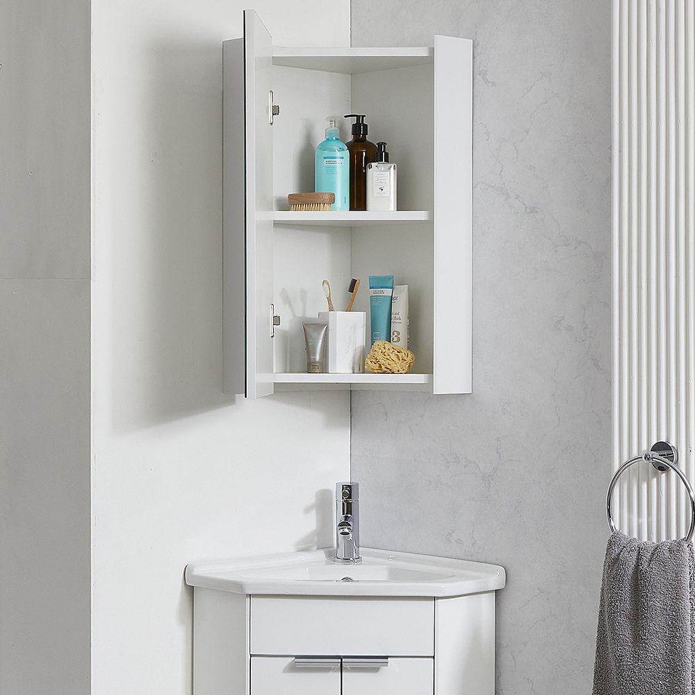 eckspiegelschrank, 650mm x 459mm, wandmontage - weiß - cluo