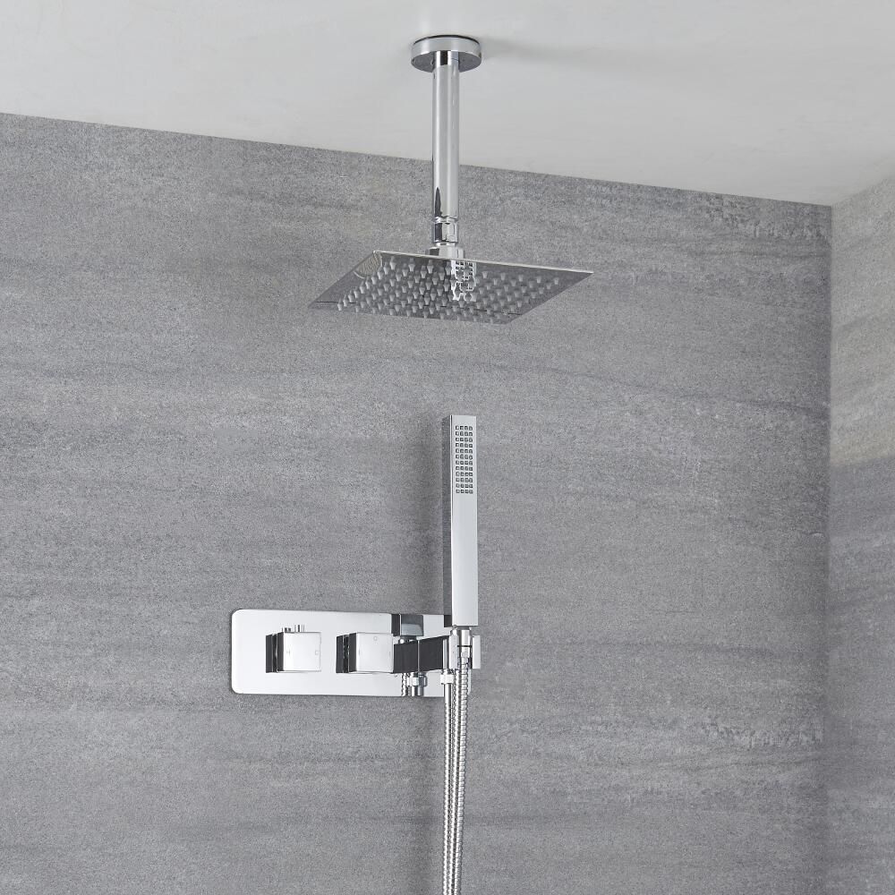 Thermostat-Duschset – Mit Handbrause & 20,3 Cm Überkopf-Regenduschkopf, Verchromt, Aus Messing
