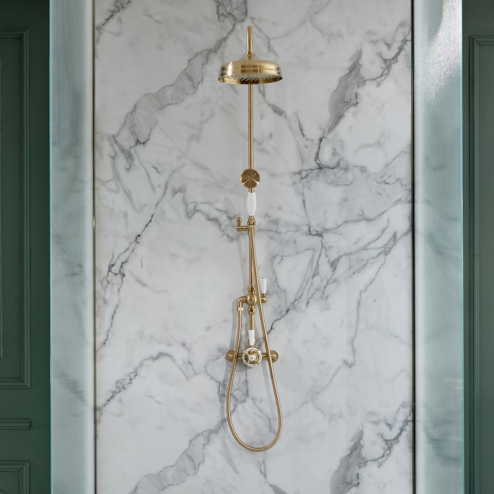 Retro Duschkopf Thermostat-Mischer In Gold – Wandmontiert Duschset Mit Brausearm & Halter