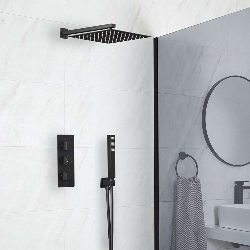 Duschsystem Mit Thermostat, Regendusche & Handbrause, Komplett Schwarz – Wandmontage, Kupfer, 80-120 Cm Höhenverstellbar