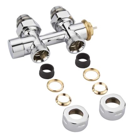 Hahnblock-Thermostatventil, Durchgang, Mittelanschluss, Eurokonus Adapter für 15mm Kupferrohr, Chrom