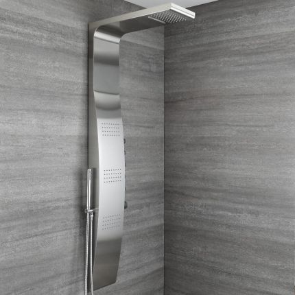 Duschpaneel mit Thermostat - mit Regen/Wasserfall-Duschkopf, Handbrause und Körperdüsen - Chrom -  Select