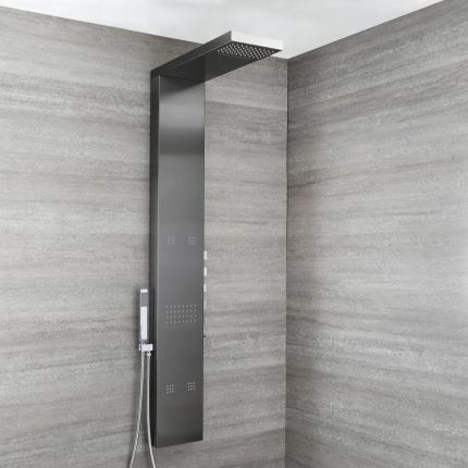 Duschpaneel mit Thermostat - mit Regen/Wasserfall-Duschkopf, Handbrause und Körperdüsen - Metallgrau - Select