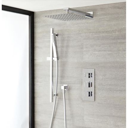 Duschsystem mit Thermostat – mit 300mm x 300mm Duschkopf und Brausestangenset - Chrom – Kubix