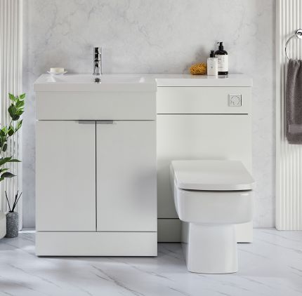 1105mm Waschtischunterschrank inkl. Waschbecken & Spülkastenverkleidung mit Exton-WC | Farbe wählbar - Rechts- oder Linksbündig – Design und Farbe der Griffe wählbar - Cluo