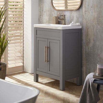 Waschtisch mit Unterschrank und Waschbecken, 600mm (Farbe wählbar) – Farbe und Design der Griffe wählbar – Warwick