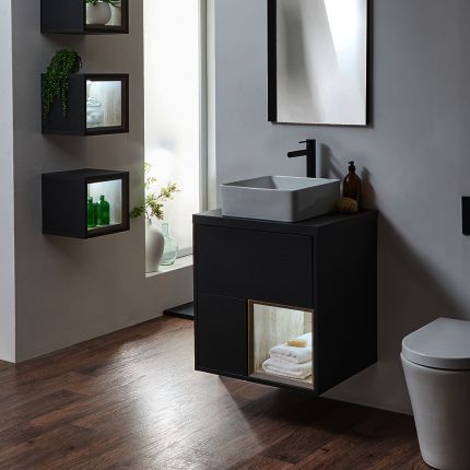 Hängender Waschtischunterschrank 600mm | Aufsatzwaschbecken, Farbe & LED wählbar – Hoxton