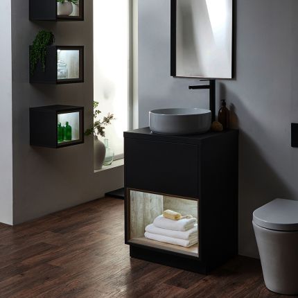Waschtischunterschrank 600mm | Aufsatzwaschbecken, Farbe & LED wählbar – Hoxton