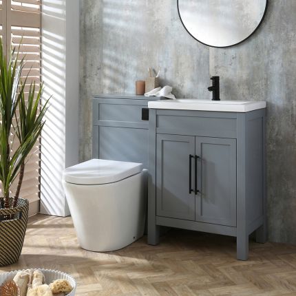 Waschtischunterschrank 600mm & WC-Einheit Hellgrau mit Alswear-Stand-WC | Farbe und Design der Griffe wählbar - Warwick