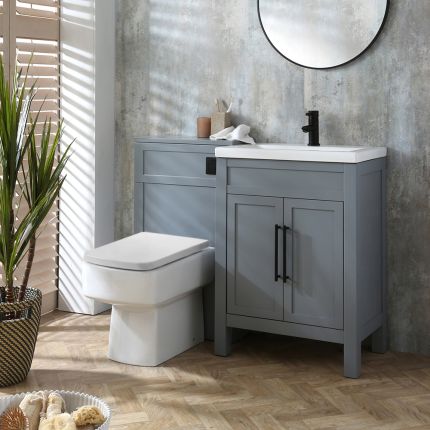 Waschtischunterschrank 600mm & WC-Einheit Hellgrau mit Sandford-Stand-WC | Farbe und Design der Griffe wählbar - Warwick