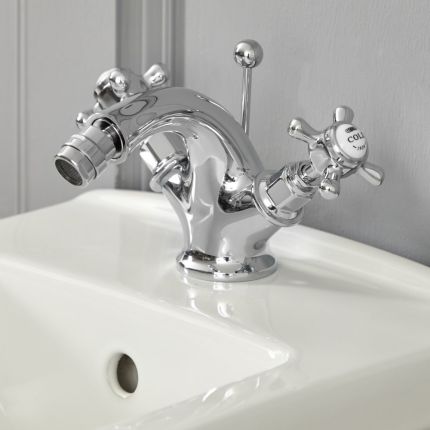Bidet Armatur mit Zugstangen-Ablaufgarnitur, Kreuzgriffe - Chrom und Weiß - Elizabeth