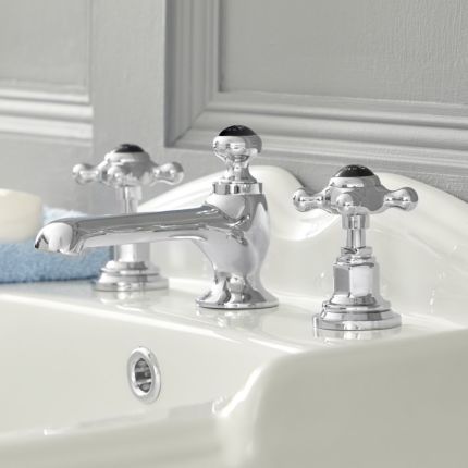 3-Loch Waschtischarmatur mit Zugstangen-Ablaufgarnitur, Kreuzgriffe - Chrom und Schwarz - Elizabeth