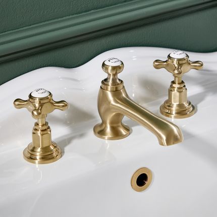 Hudson Reed Elizabeth - 3-Loch Waschtischarmatur mit Zugstangen-Ablaufgarnitur & Kreuzgriffen - satiniertes Gold