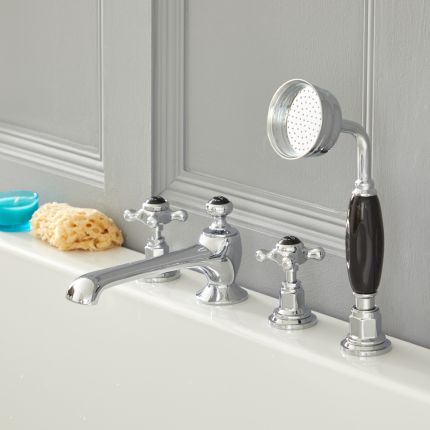 Elizabeth - Traditionelle 4-Loch Kreuzgriff-Wannenarmatur mit ausziehbarer Handbrause - Chrom und Schwarz
