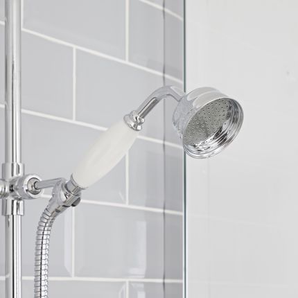 Retro Aufputz Thermostatarmatur und Duschsäule mit Handbrause und Duschkopf, Chrom/Weiß - Elizabeth