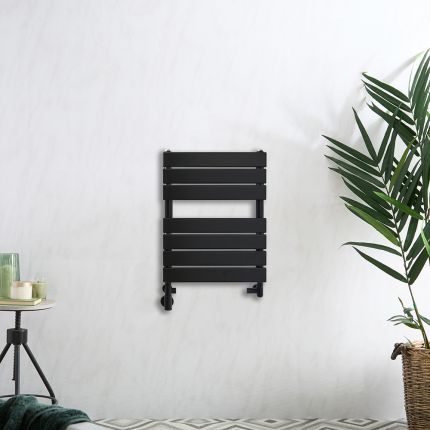 Handtuchheizkörper Mischbetrieb - 600mm x 400mm - inkl. 400W Heizelement, inkl. Ventile für den Mischbetrieb - Schwarz - Lustro