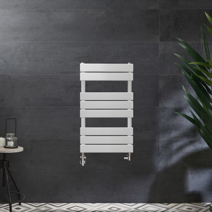 Handtuchheizkörper Mischbetrieb - 825mm x 450mm - inkl. 400W Heizelement, inkl. Ventile für den Mischbetrieb - Weiß - Lustro