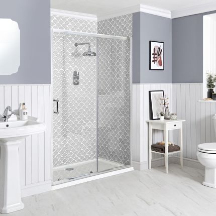 Retro-Duschkabine mit Schiebetür, Chrom, für Nische - inkl. Duschwanne – wählbare Größe – Langley