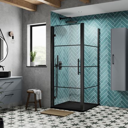 Duschtür mit Scharnieren in Matt-Schwarz inkl. Duschwanne (Eckeinbau) – Größe wählbar – Apex