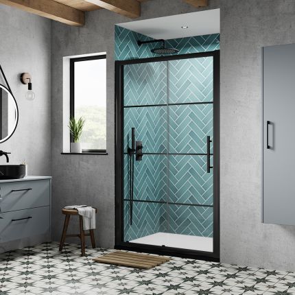 Duschschiebetür in Matt-Schwarz & Duschwanne (Nischeneinbau) Größe wählbar – Apex