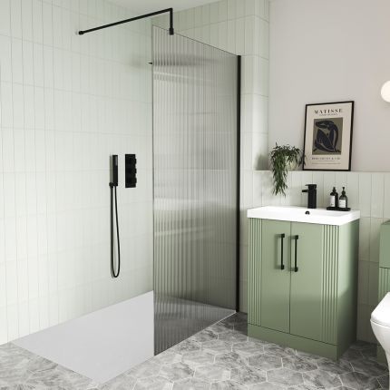 Walk-In Dusche mit geriffeltem Glas | Schwarz, Nischeneinbau - inkl. Duschwanne – Größe und Seitenpaneel wählbar