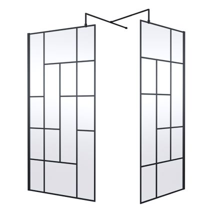 Walk-In Dusche mit abstraktem Gittermuster | Schwarz, Eckeinbau - inkl. Duschwanne – Größe und Seitenpaneel wählbar