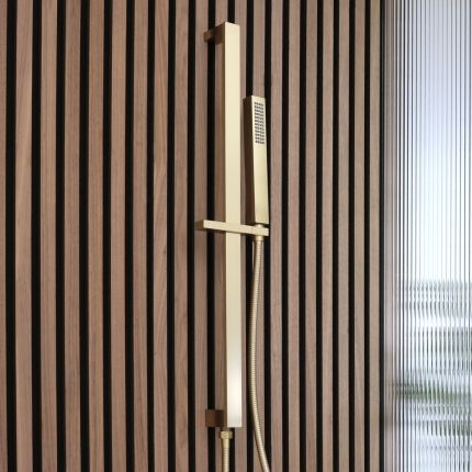 Duschstange inkl. integriertem Auslassbogen und Handbrause | satiniertes Gold – Lyra