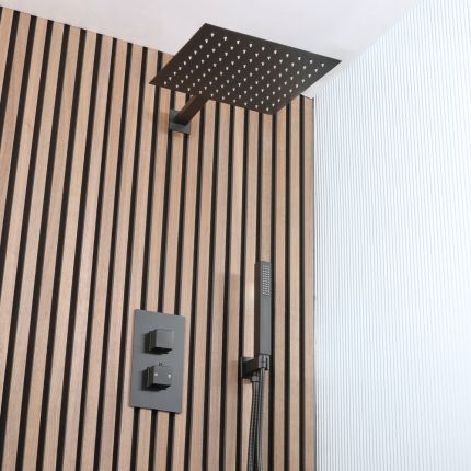 Unterputz-Thermostat für zwei Verbraucher mit Umsteller, 300mm Duschkopf & Handbrause mit Halterung| Schwarz – Preto