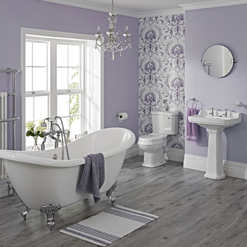 Badezimmerset Retro - mit freistehender Badewanne, Stand-WC, und Standwaschbecken (ohne Armaturen) - Greiffüße Chrom - Carlton