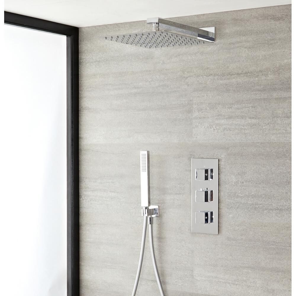 Duschsystem mit Thermostat– mit 400mm x 400mm Duschkopf und Handbrauseset - Chrom – Kubix