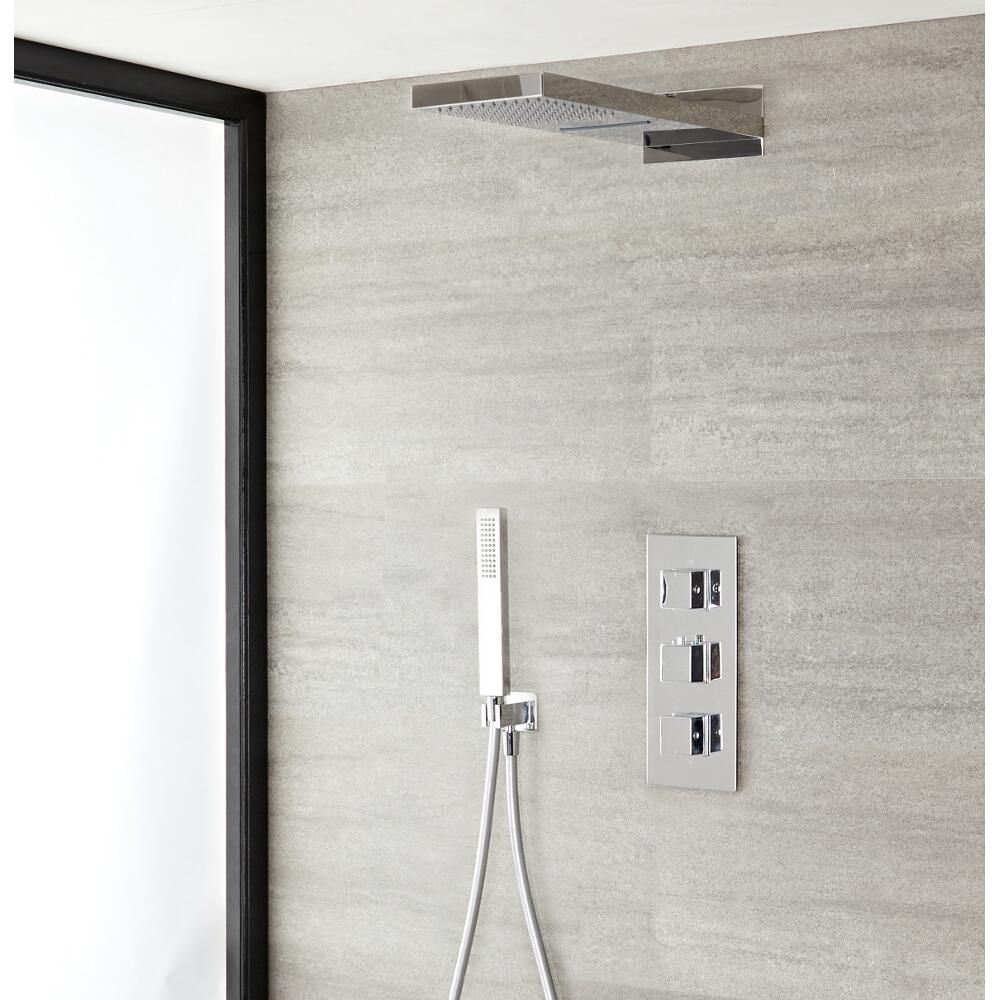 Duschsystem mit Thermostat und Umsteller– mit schmalem Wasserfall-Duschkopf und Handbrauseset - Chrom – Kubix