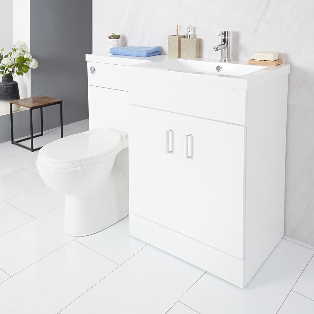 Badezimmerset Waschtisch mit Unterschrank & Stand WC Weiß, Rechts - Geo