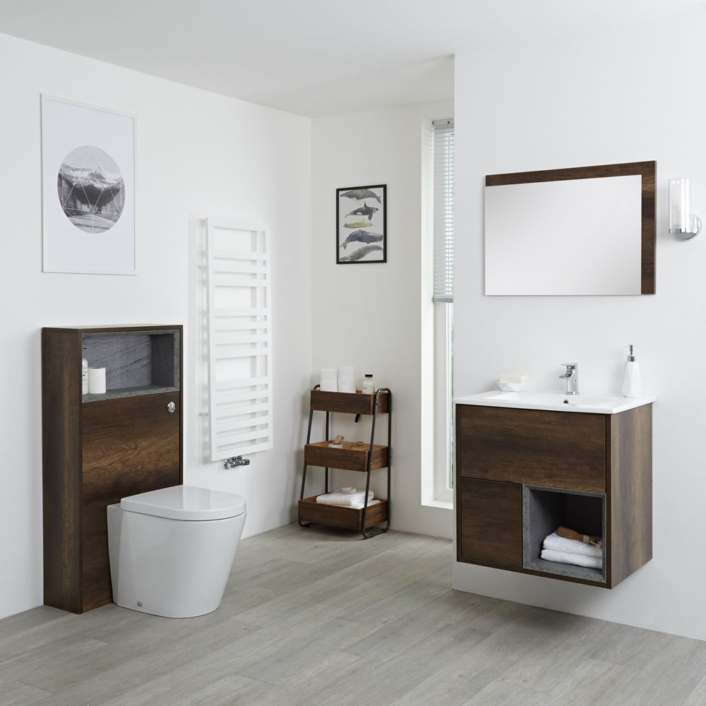 Badezimmerset 600mm Waschtischunterschrank und WC mit Spülkastenverkleidung - Dunkle Eiche - Hoxton