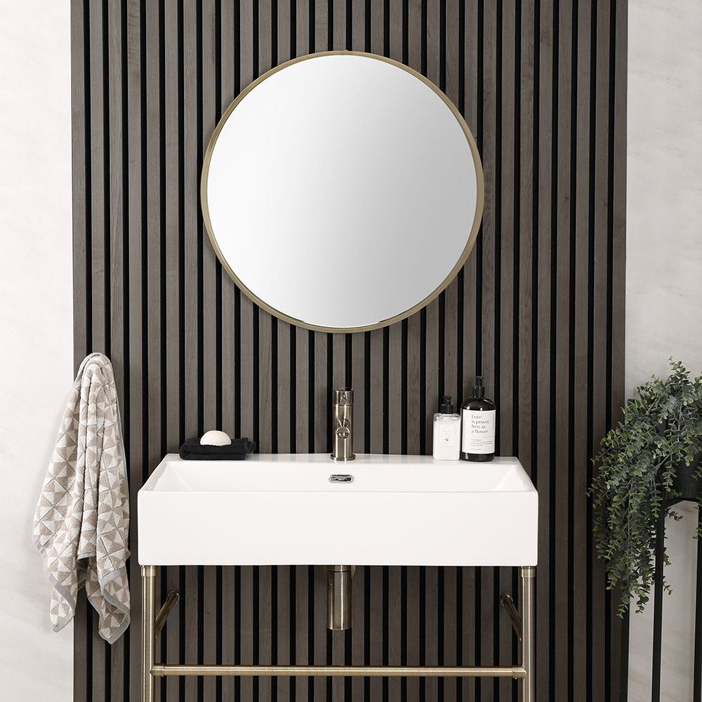 Runder Badspiegel mit Rahmen in gebürstetem Gold, wandmontiert, 600mm