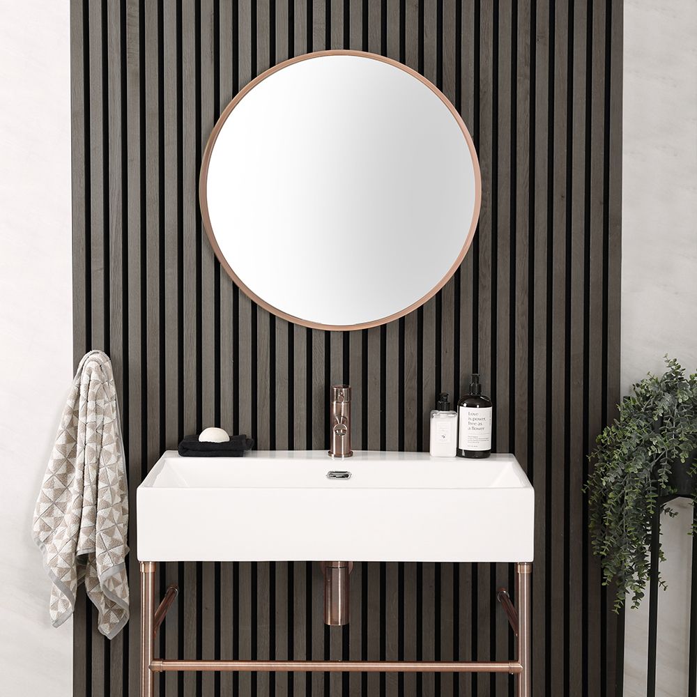 Runder Badspiegel mit Rahmen in gebürstetem Kupfer, wandmontiert, 600mm