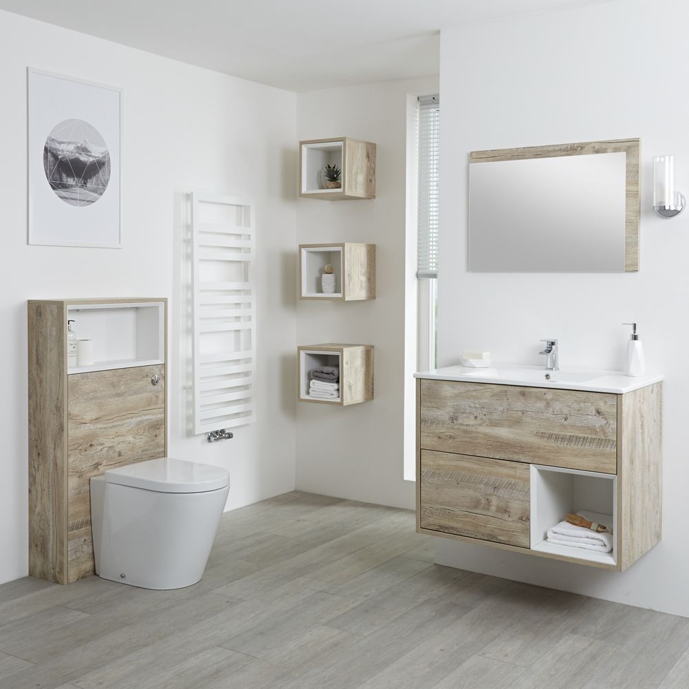 Badezimmerset 800mm Waschtischunterschrank & WC mit Spülkastenverkleidung - Helle Eiche - Hoxton