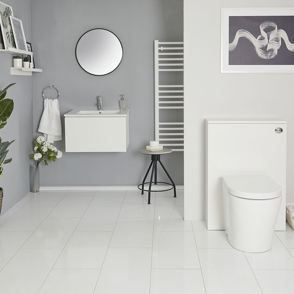 Badezimmerset Waschtisch mit Unterschrank 600mm & Stand WC mit Vorwandelement - Mattweiß - Newington