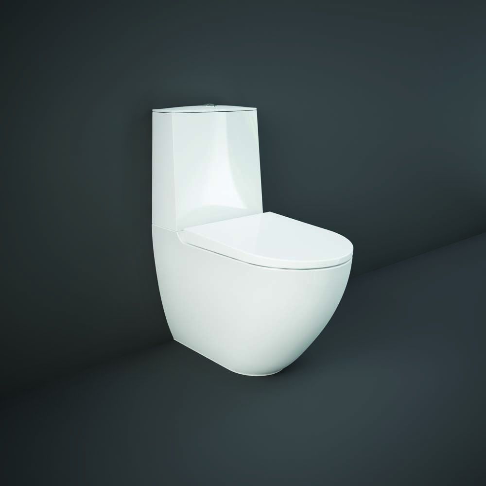 Stand WC ohne Spülrand mit aufgesetztem Spülkasten inkl. Sitz mit Absenkautomatik, Glanz-Weiß - RAK Des x Hudson Reed