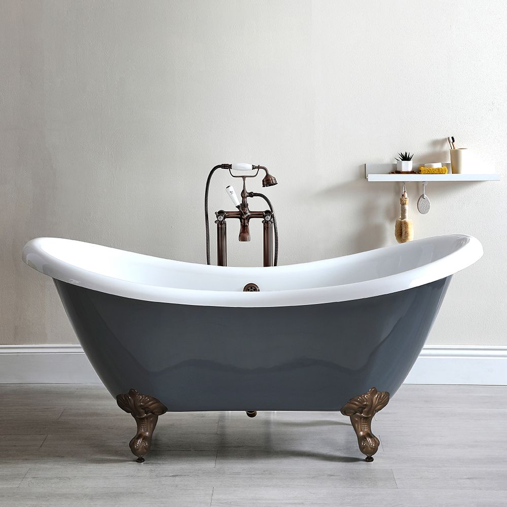 Freistehende Badewanne mit erhöhten Rückenschrägen, Steingrau, 1750mm x 730mm, Mittelablauf - Füße in geölter Bronze - Elton