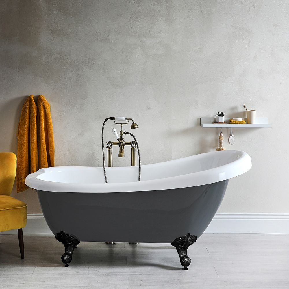 Freistehende Badewanne mit erhöhter Rückenschräge, Steingrau, 1710mm x 740mm - Füße in Schwarz - Elton