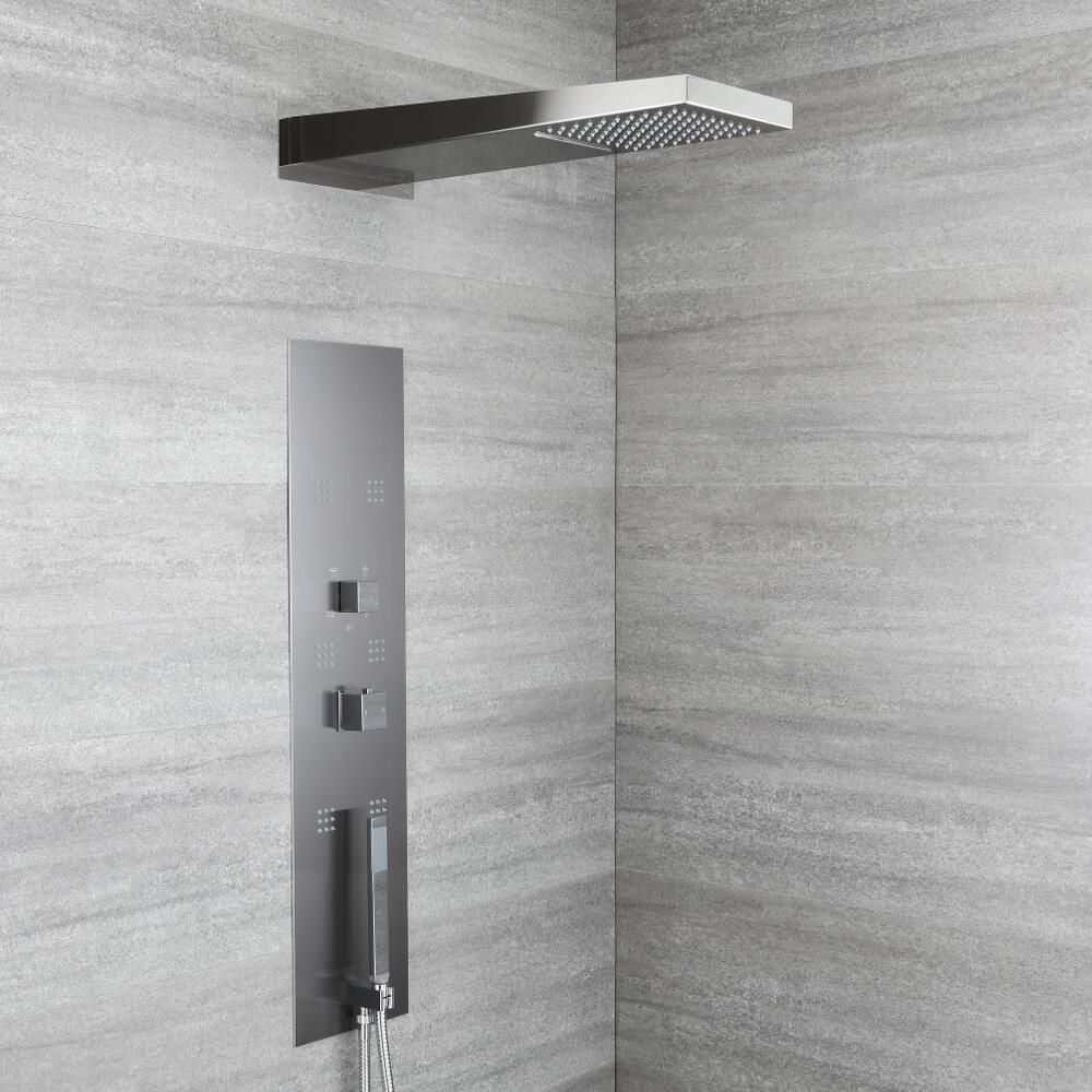 Unterputz-Duschpaneel mit Thermostat - mit Regen/Wasserfall-Duschkopf, Handbrauseset und Körperdüsen - Grau - Ryukyu