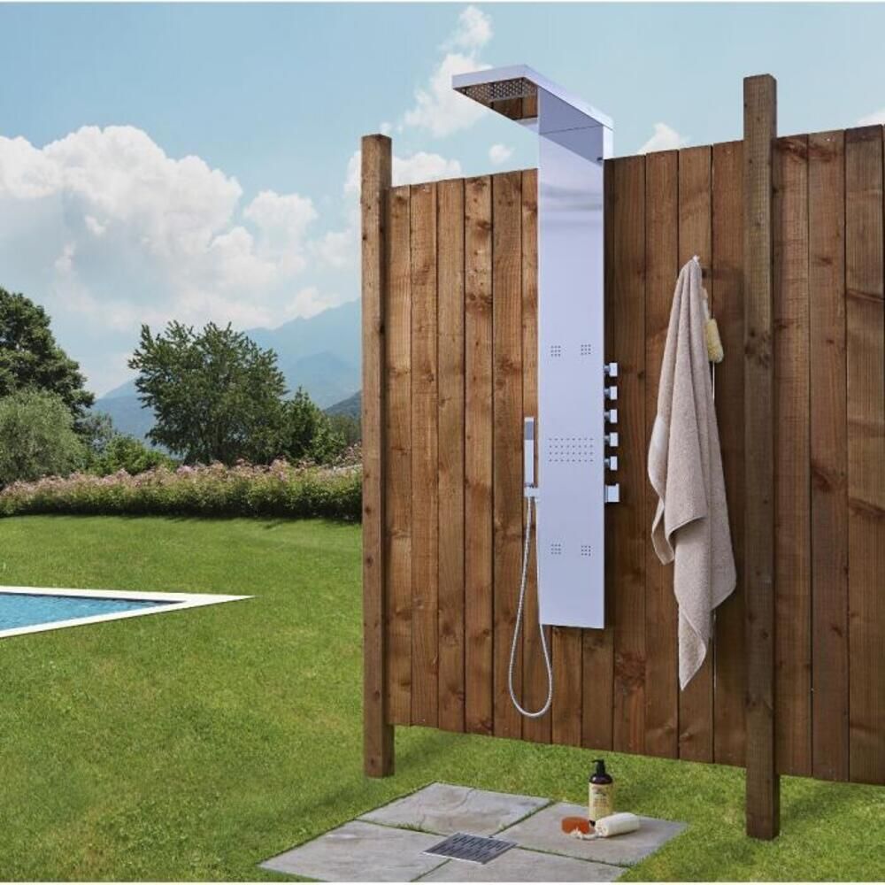 Duschpaneel mit Thermostat, für den Außenbereich - mit Regen/Wasserfall-Duschkopf, Handbrauseset und Körperdüsen - Chrom – Delta